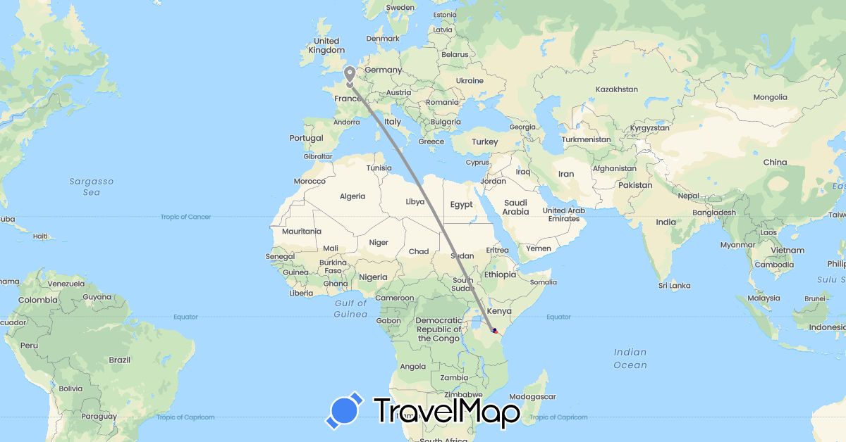 TravelMap itinerary: driving, plane, hiking in France, Tanzania (Africa, Europe)
